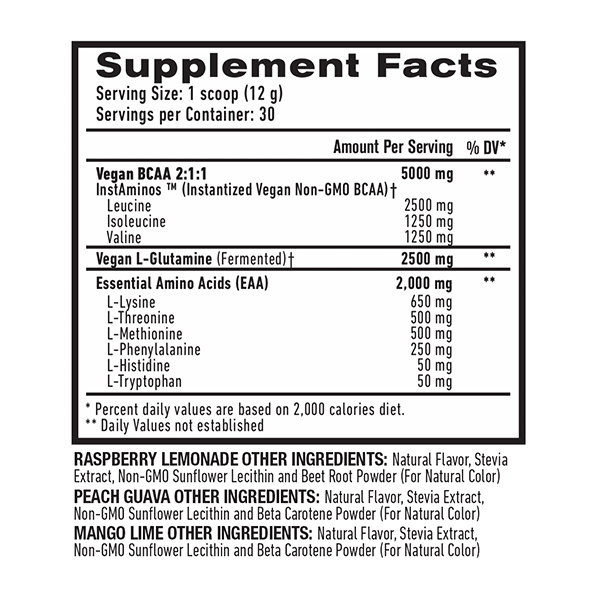 supplement facts of 1UP nutrition vegan bcaa